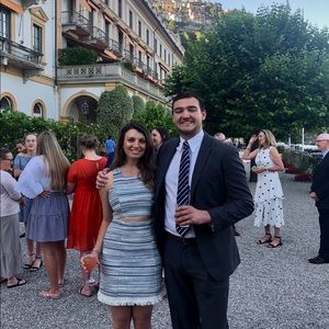 Blue striped Dress with cutout in mid-section and fringe at the bottom